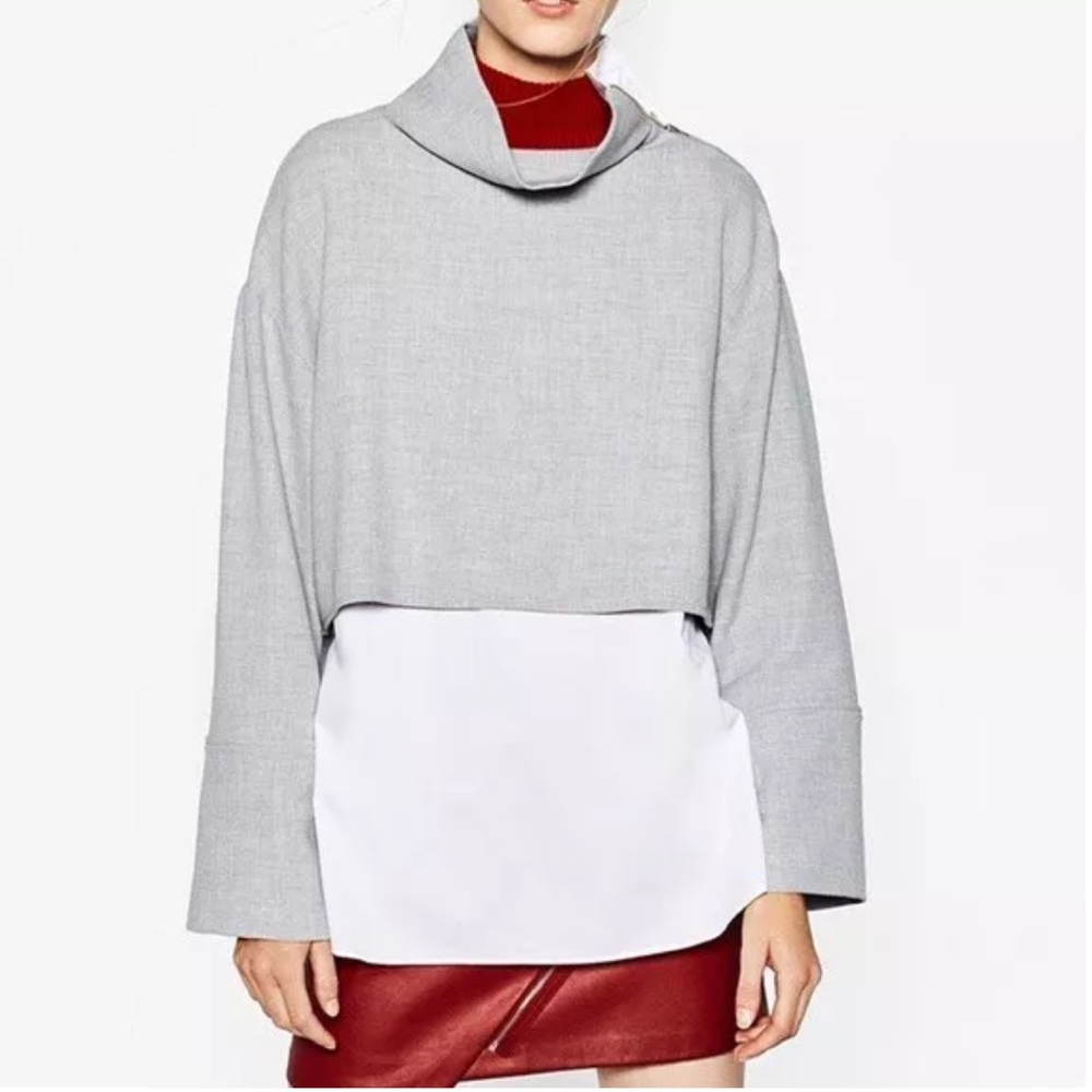 Zara Trafaluc mock neck zipper shoulder Boxy Gray & White Career blouse Sz XS